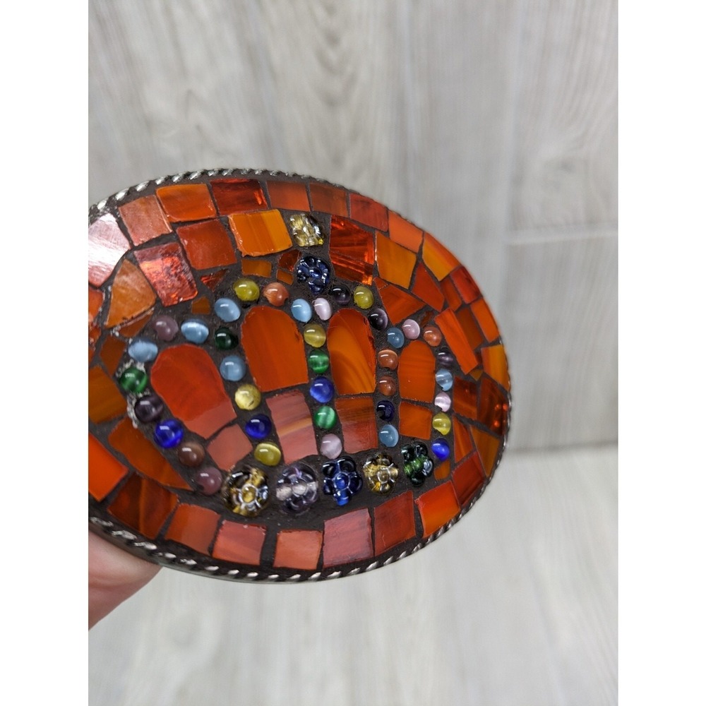 Vintage Mosaic Belt Buckle‎ Orange Glass Crown Western Southwestern Boho 70s 80s - Picture 3 of 7